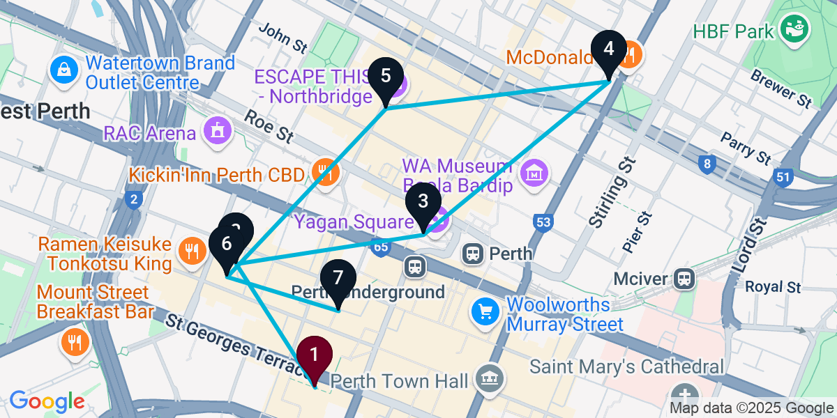 Map for 7-Stop Perth Cocktail Bar Crawl