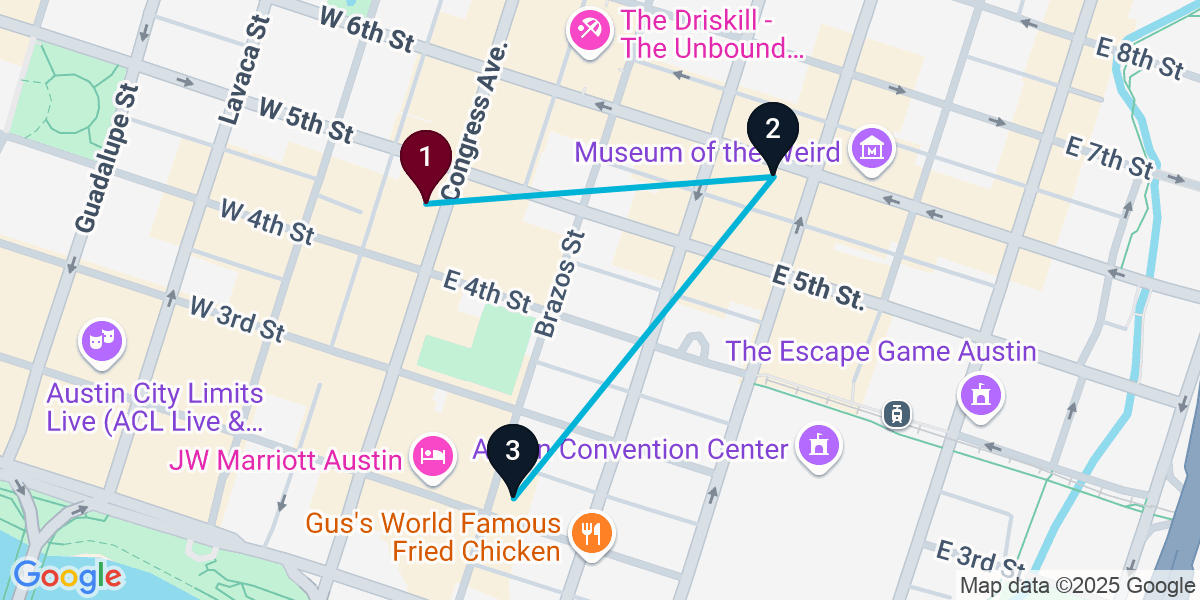 Map for 3-Stop Austin Pub Bar Crawl