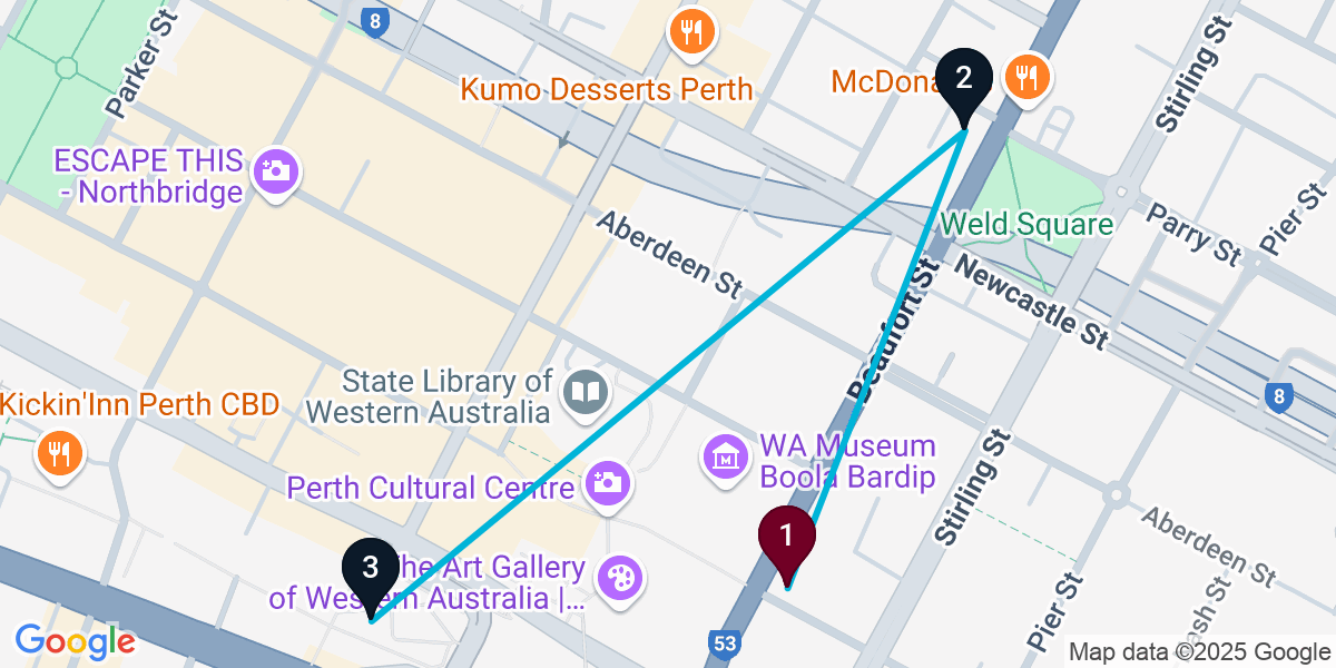 Map for 3-Stop Perth Cocktail Bar Crawl