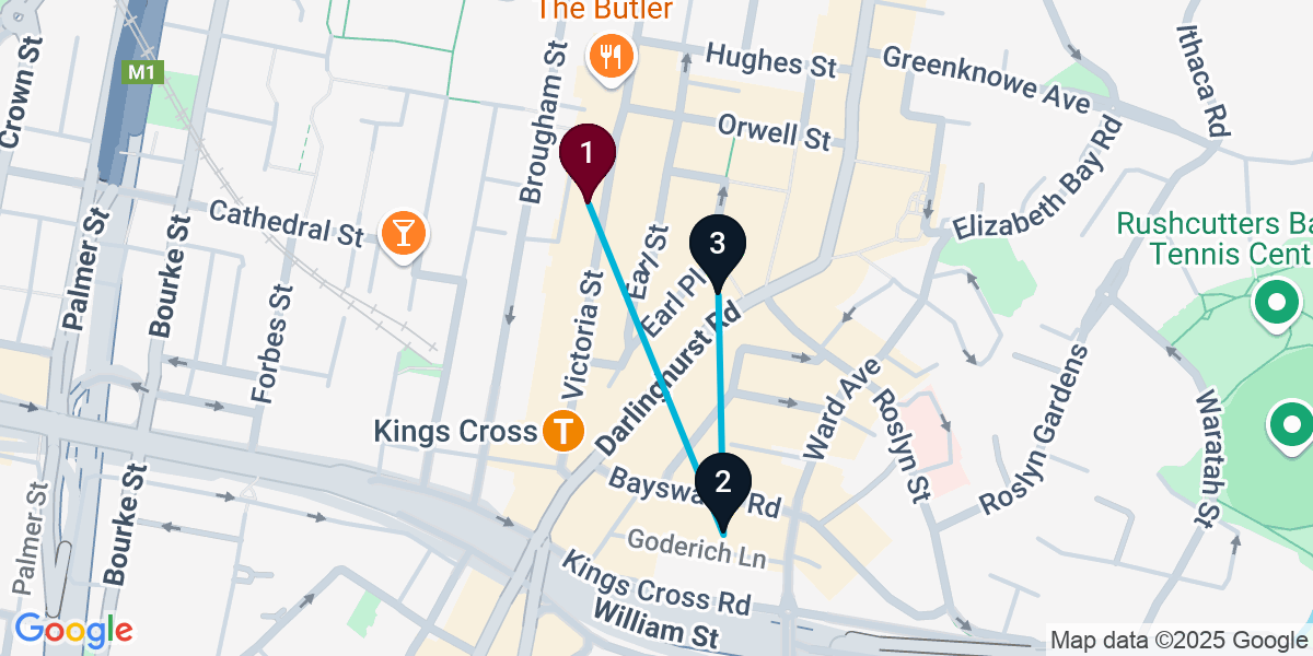 Map for 3-Stop Potts Point Rooftop Bar Crawl
