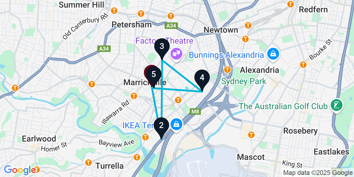 Map for 5-Stop Marrickville Pub Bar Crawl
