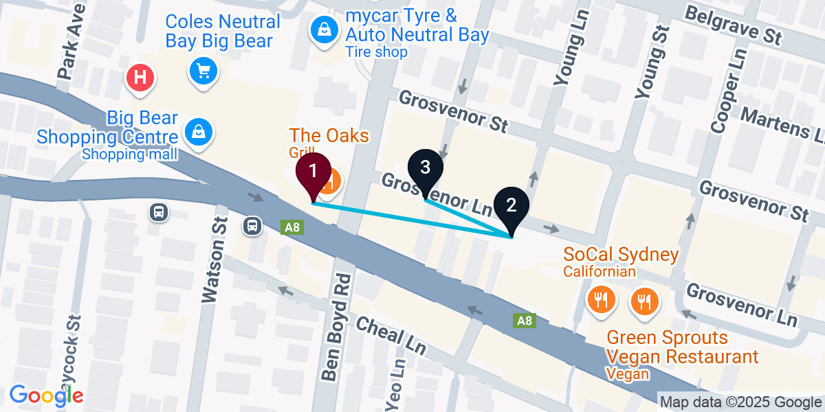Map for 3-Stop Neutral Bay Bar Crawl
