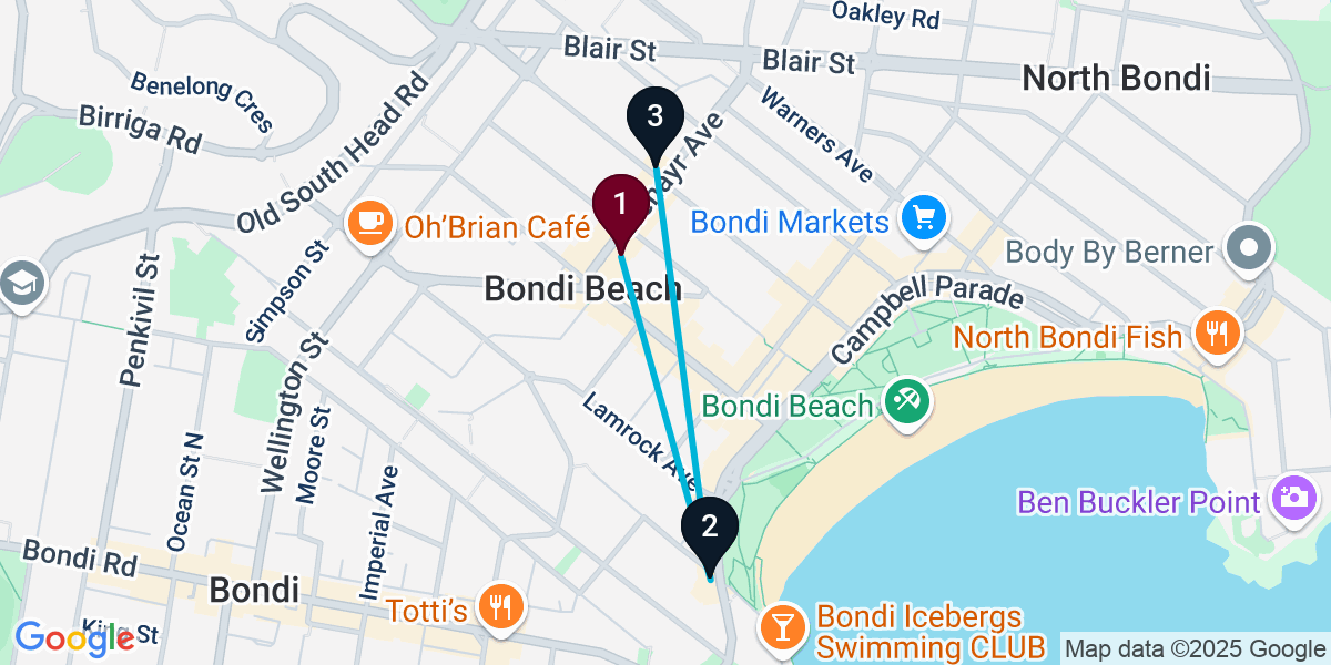 Map for 3-Stop Bondi Beach Wine bar Bar Crawl