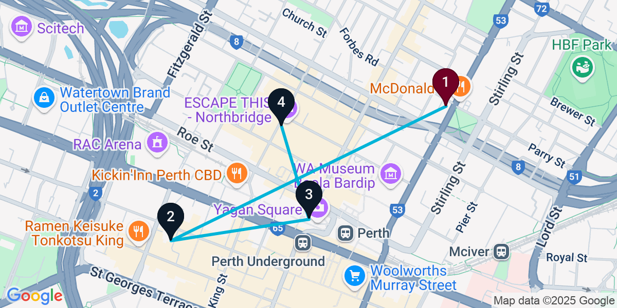 Map for 4-Stop Perth Cocktail Bar Crawl
