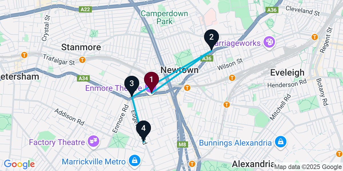 Map for 4-Stop Newtown Nightclub Bar Crawl