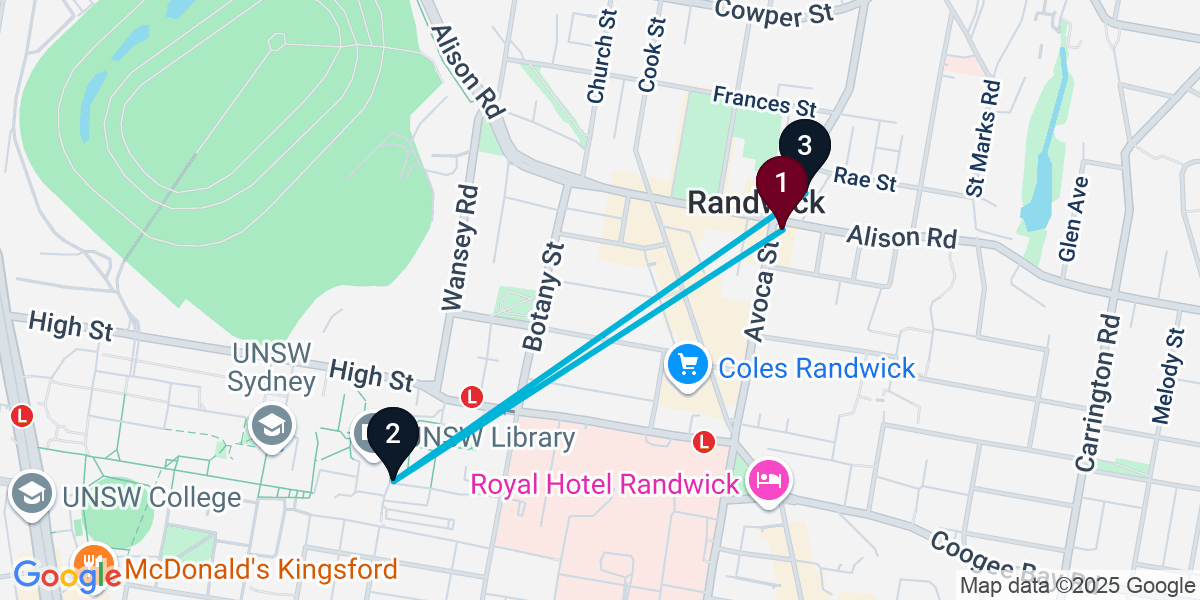 Map for 3-Stop Randwick Nightclub Bar Crawl