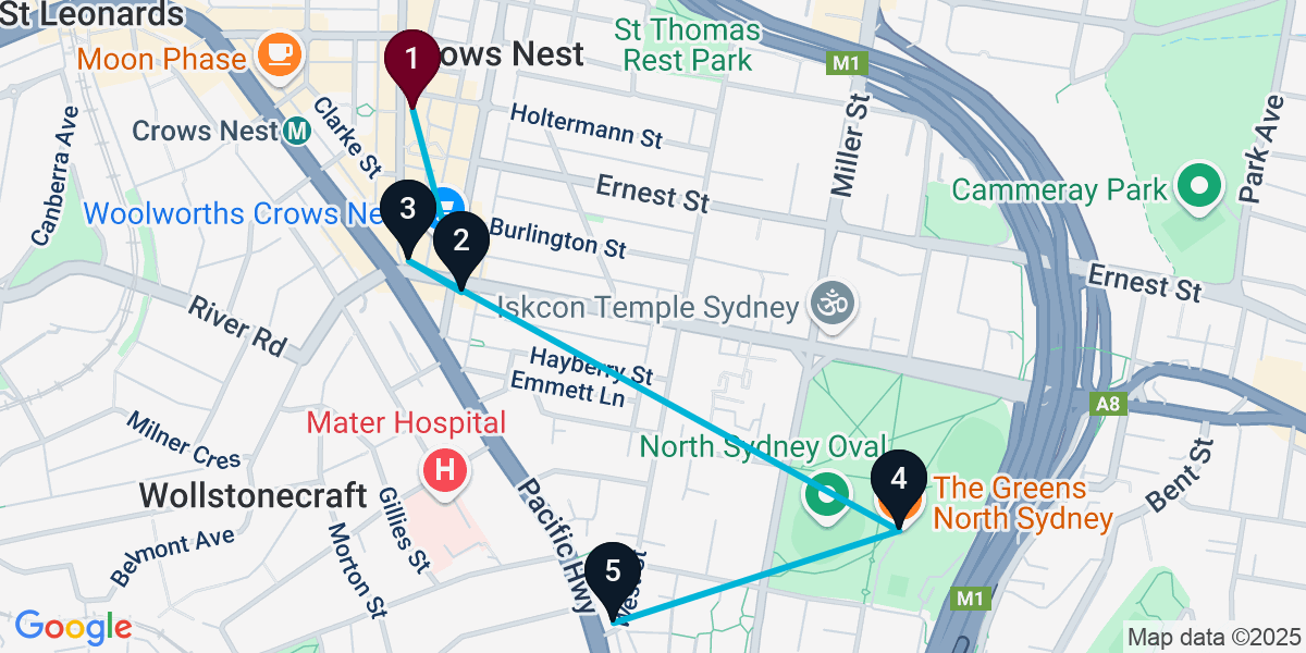 Map for 5-Stop Crows Nest Pub Bar Crawl
