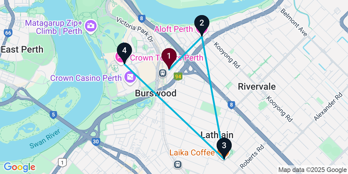Map for 4-Stop Burswood Bar Crawl