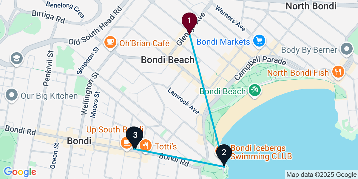Map for 4-Stop Bondi Beach Cocktail Bar Crawl