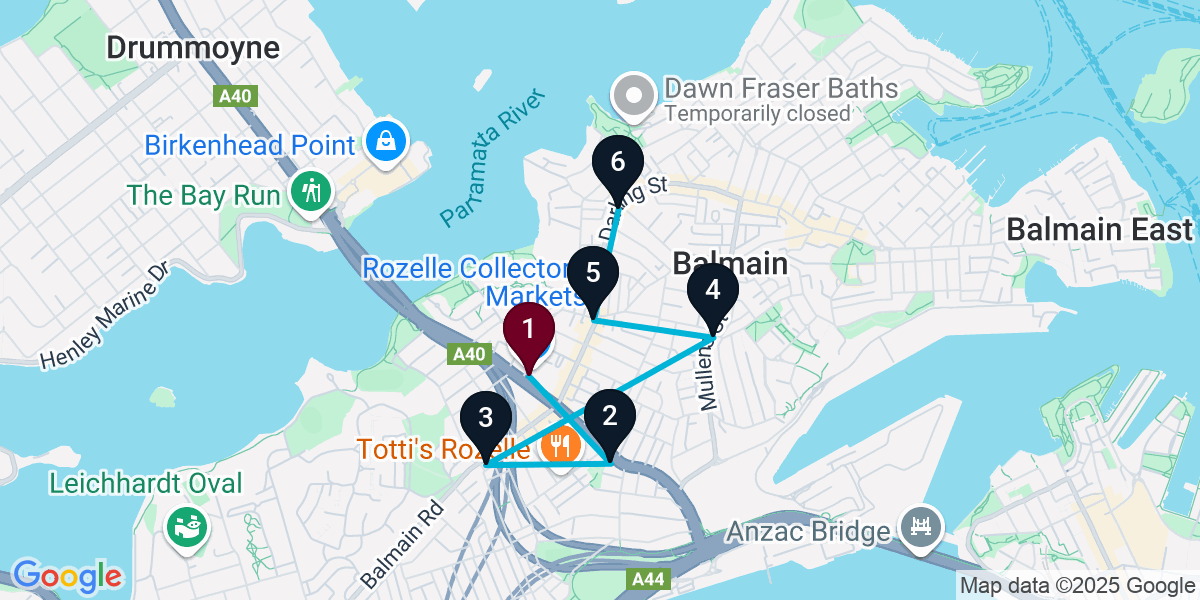 Map for 6-Stop Rozelle Live music Bar Crawl