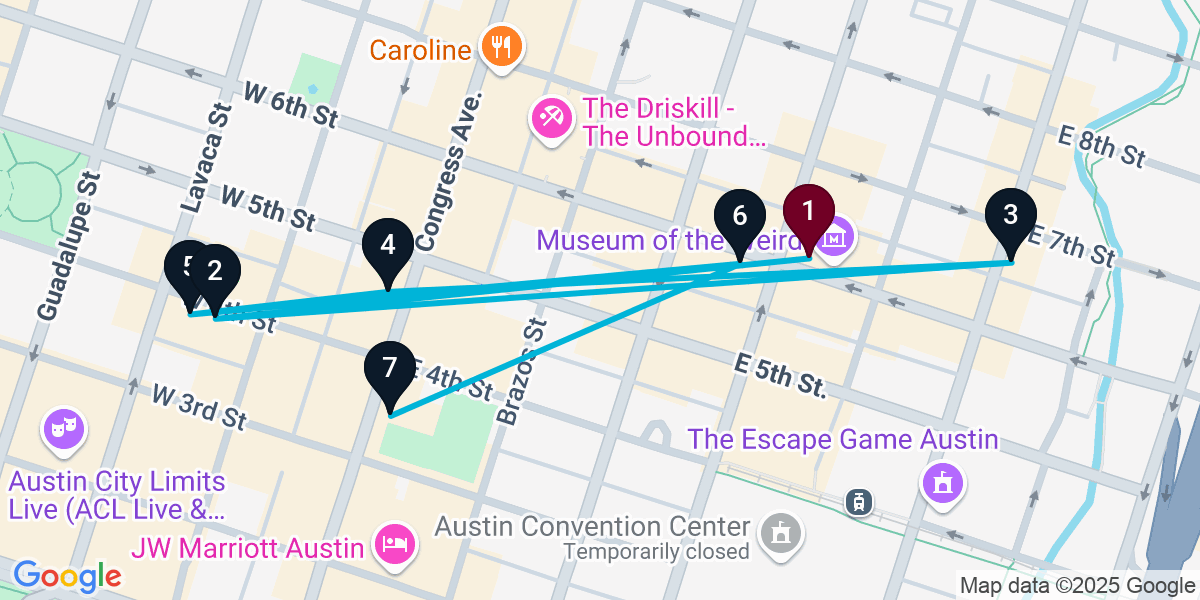 Map for 7-Stop Austin Nightclub Bar Crawl