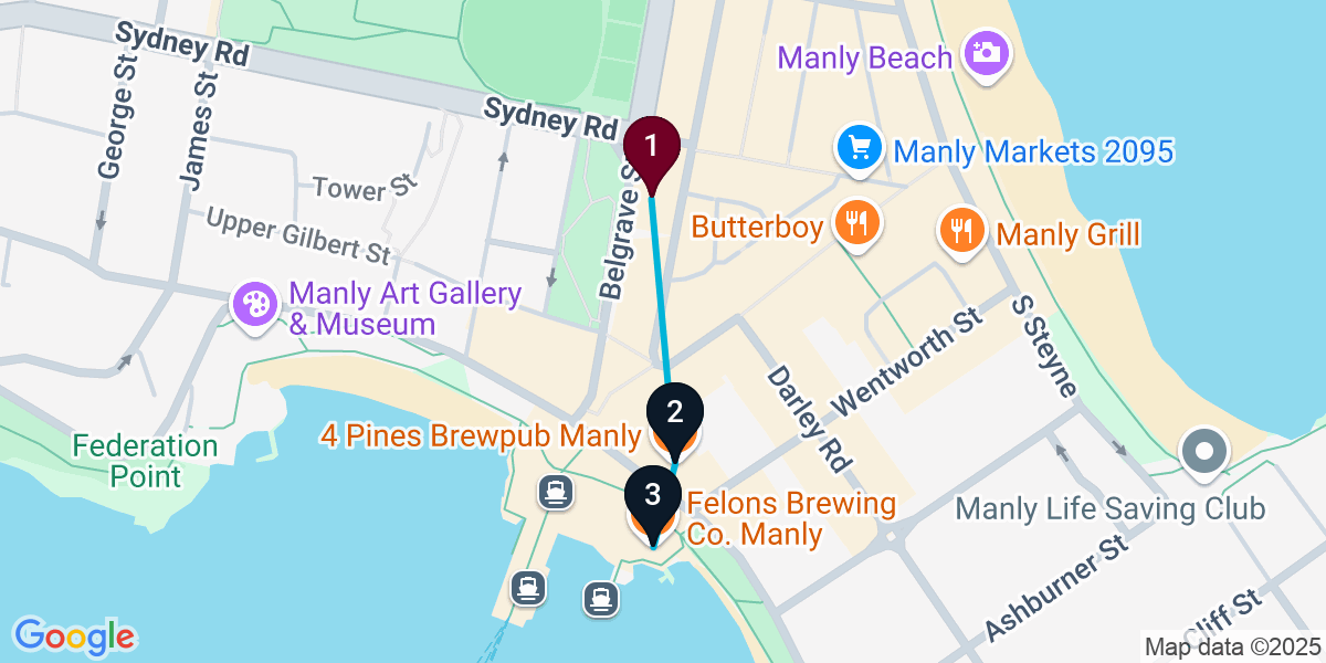 Map for 3-Stop Manly Brewery Bar Crawl