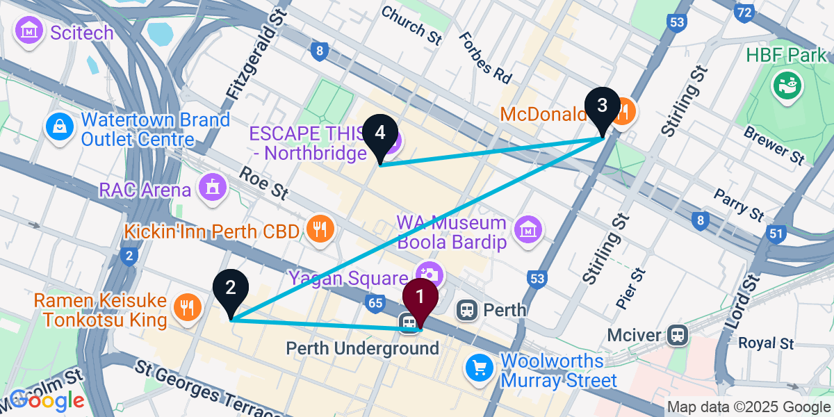 Map for 4-Stop Perth Bar Crawl