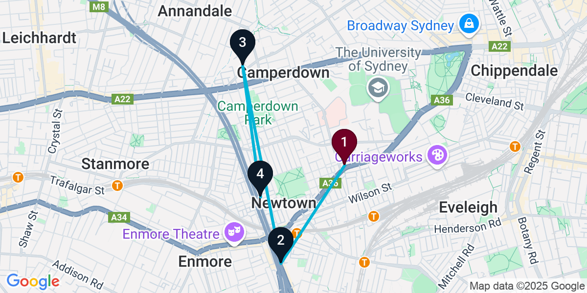 Map for 4-Stop Newtown Speakeasy Bar Crawl
