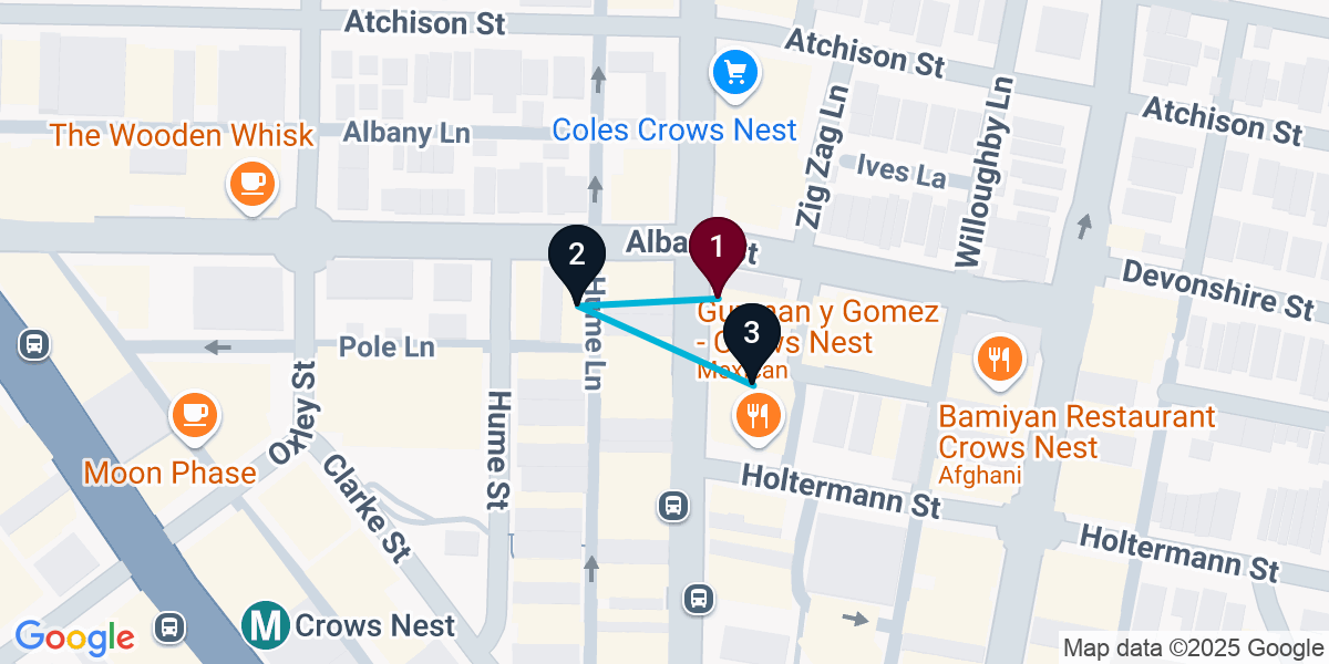 Map for 3-Stop Crows Nest Wine bar Bar Crawl