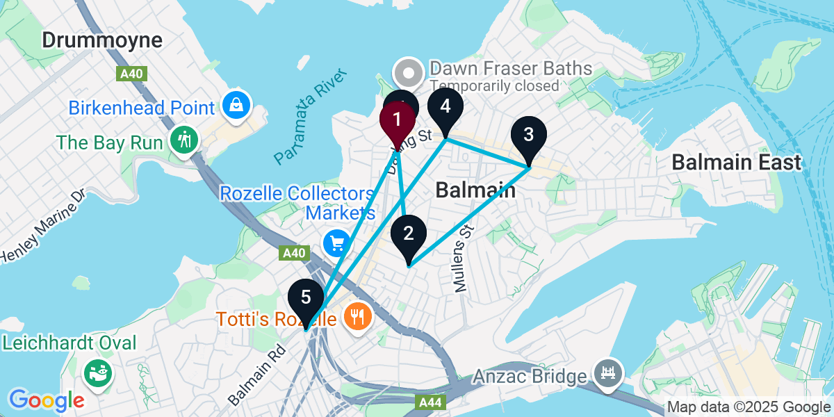 Map for 6-Stop Balmain Bar Crawl