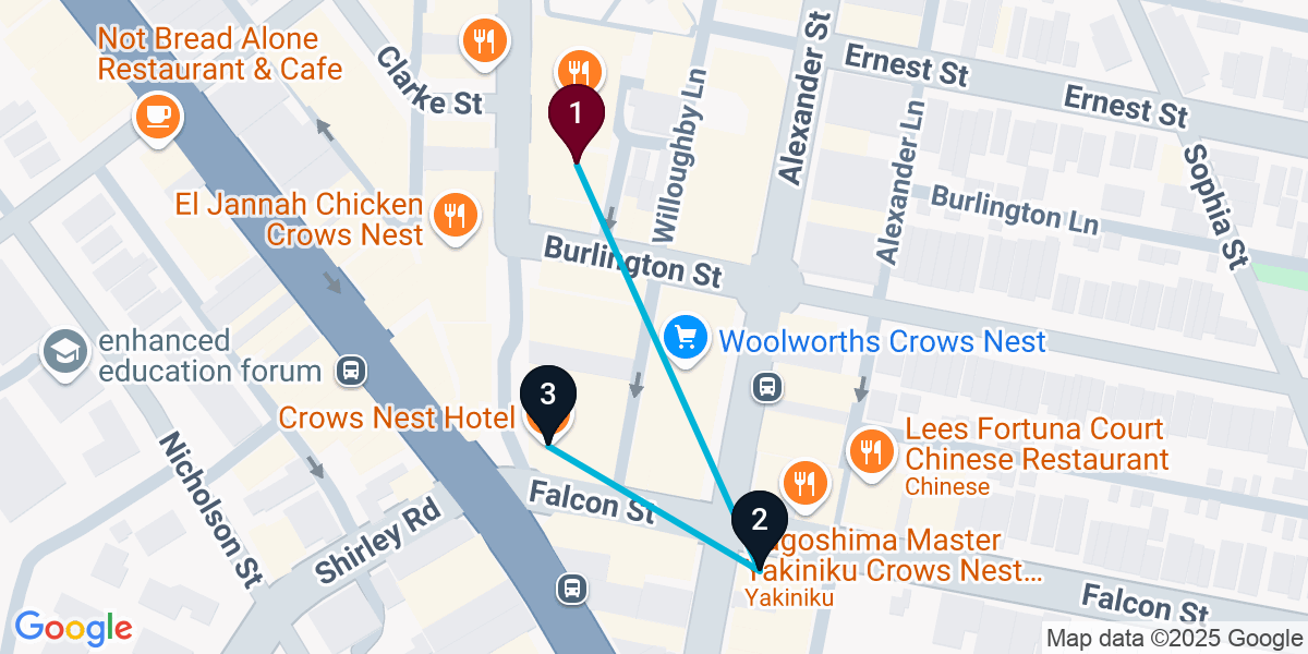 Map for 3-Stop Crows Nest Pub Bar Crawl