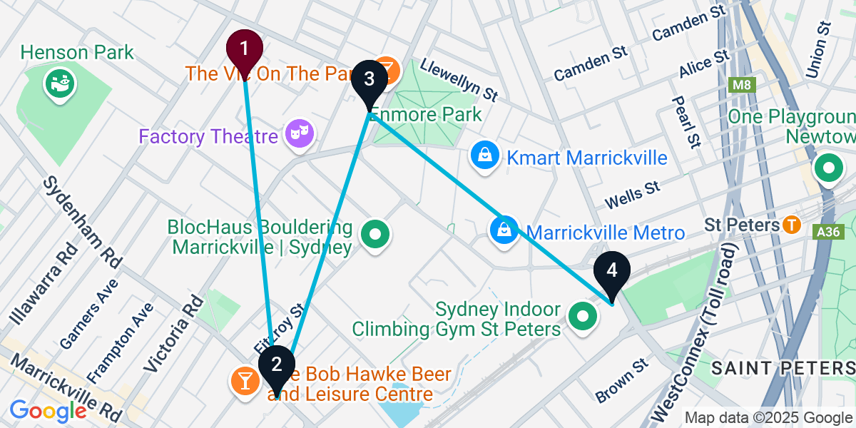 Map for 4-Stop Marrickville Brewery Bar Crawl