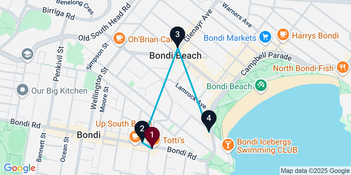 Map for 4-Stop Bondi Cocktail Bar Crawl