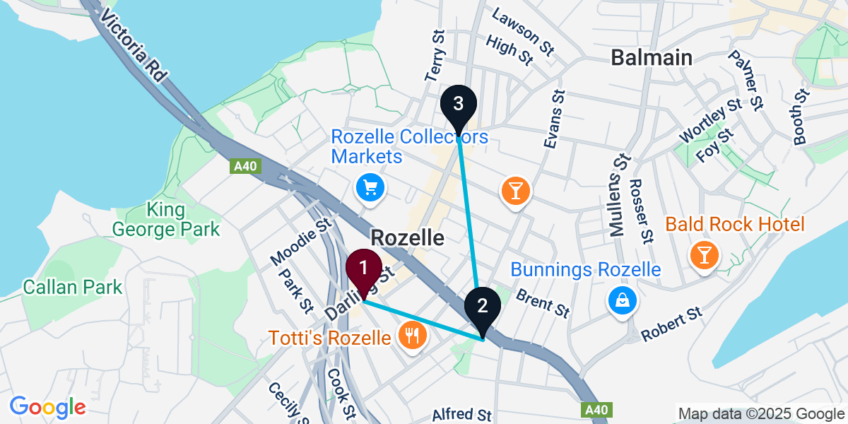 Map for 3-Stop Rozelle Cocktail Bar Crawl