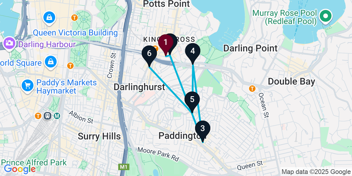 Map for 6-Stop Potts Point Wine bar Bar Crawl
