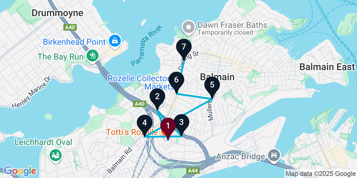 Map for 7-Stop Rozelle Live music Bar Crawl