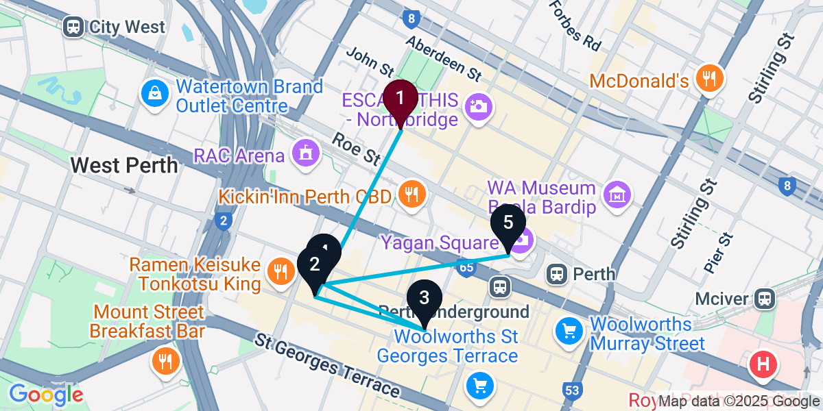Map for 5-Stop Northbridge Bar Crawl