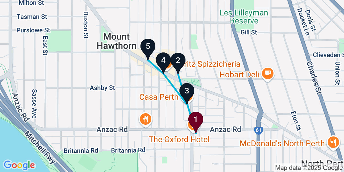 Map for 5-Stop Leederville Bar Crawl