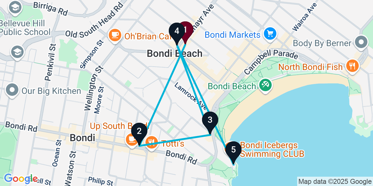 Map for 5-Stop Bondi Beach Cocktail Bar Crawl