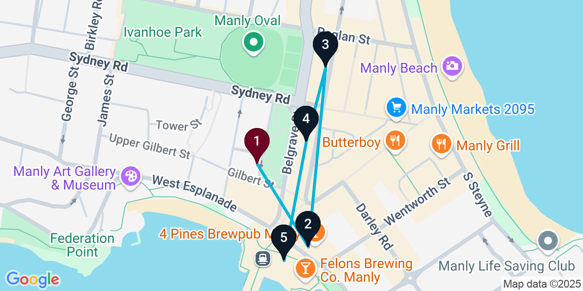 Map for 5-Stop Manly Bar Crawl