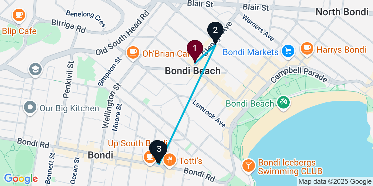 Map for 4-Stop Bondi Beach Cocktail Bar Crawl