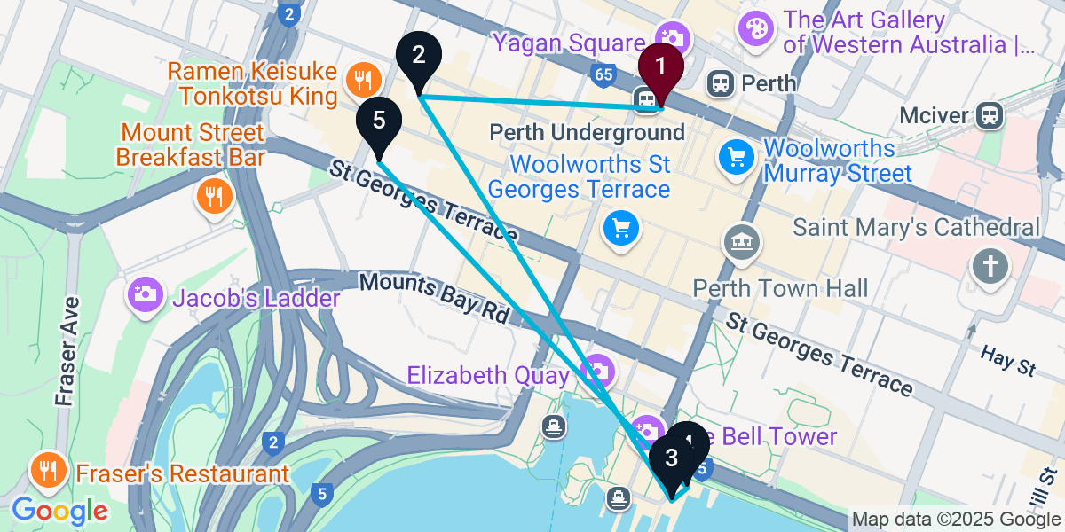Map for 5-Stop Perth Rooftop Bar Crawl
