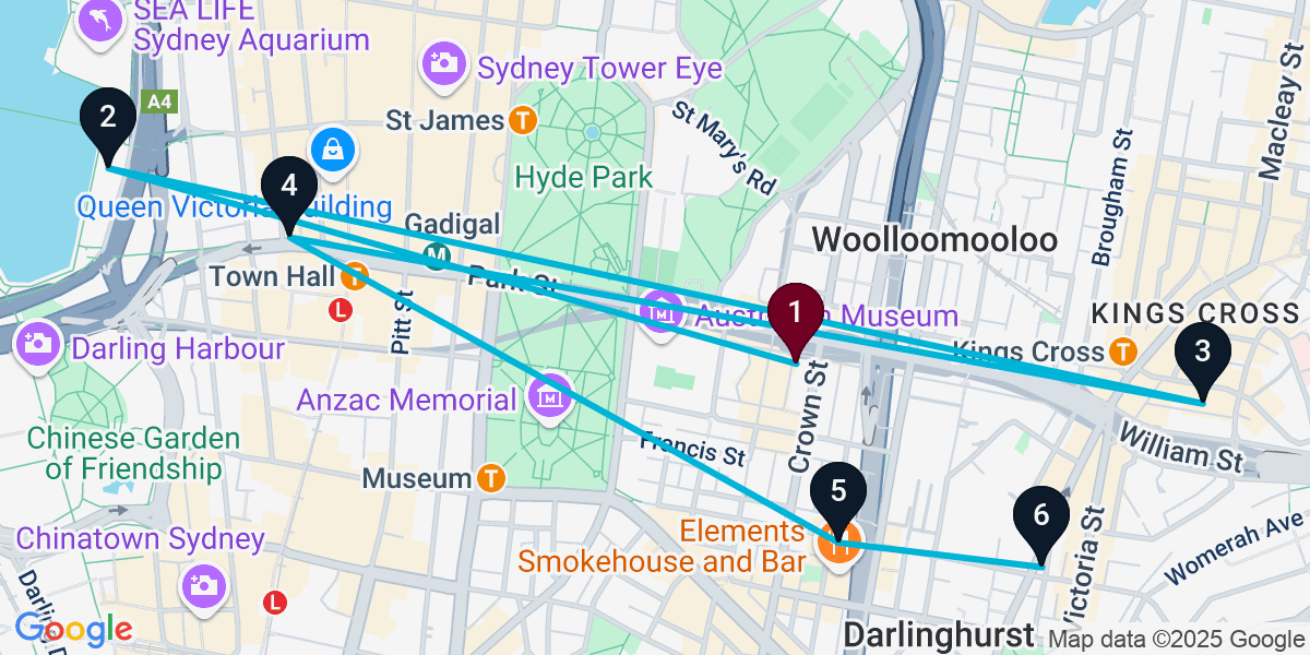 Map for 6-Stop Darlinghurst Rooftop Bar Crawl