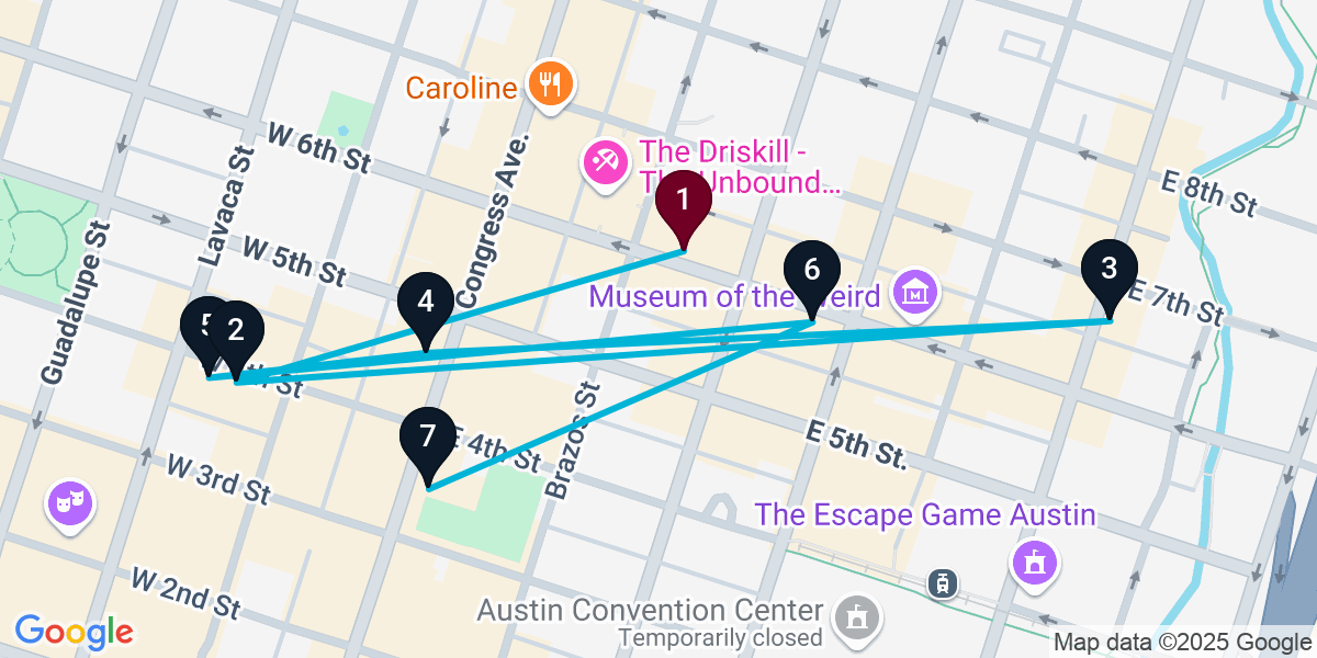 Map for 7-Stop Austin Nightclub Bar Crawl