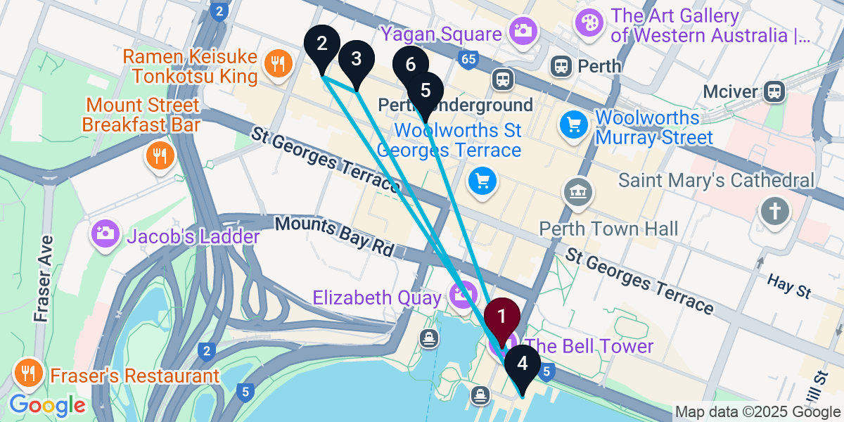 Map for 6-Stop Perth Pub Bar Crawl