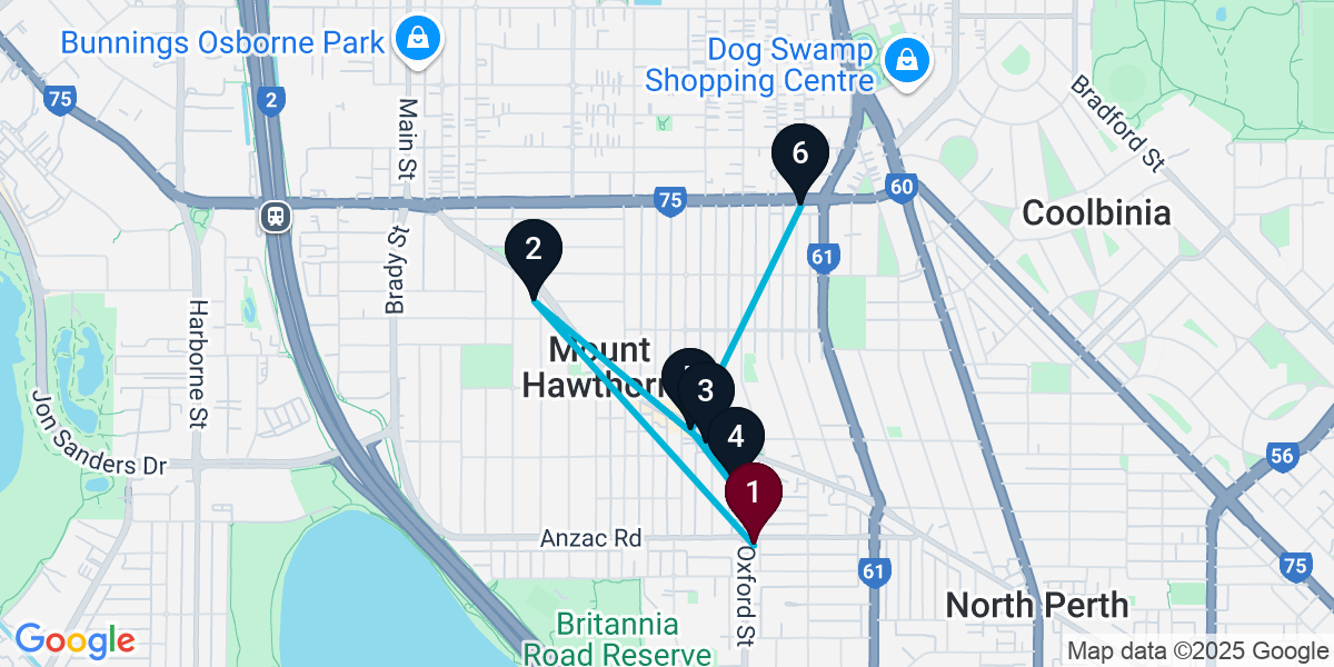 Map for 6-Stop Leederville Bar Crawl