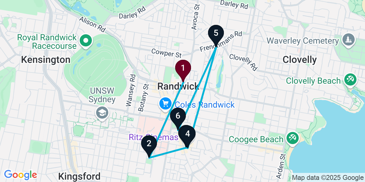 Map for 6-Stop Randwick Bar Crawl