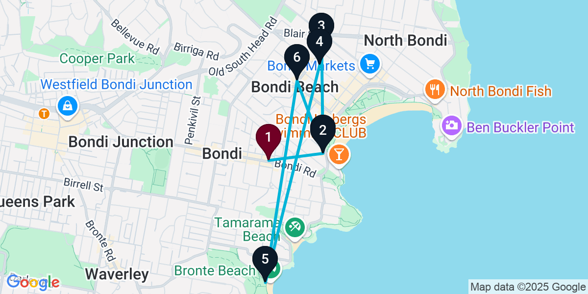 Map for 7-Stop Bondi Beach bar Bar Crawl