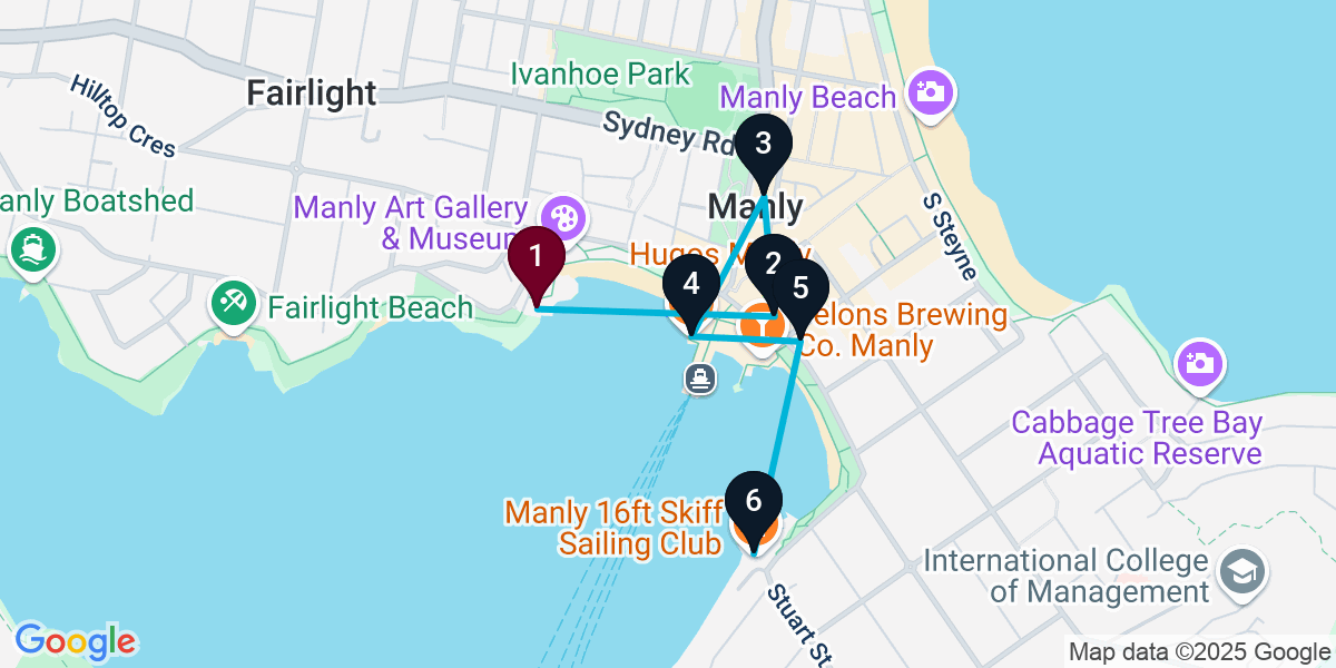 Map for 6-Stop Manly Cocktail Bar Crawl