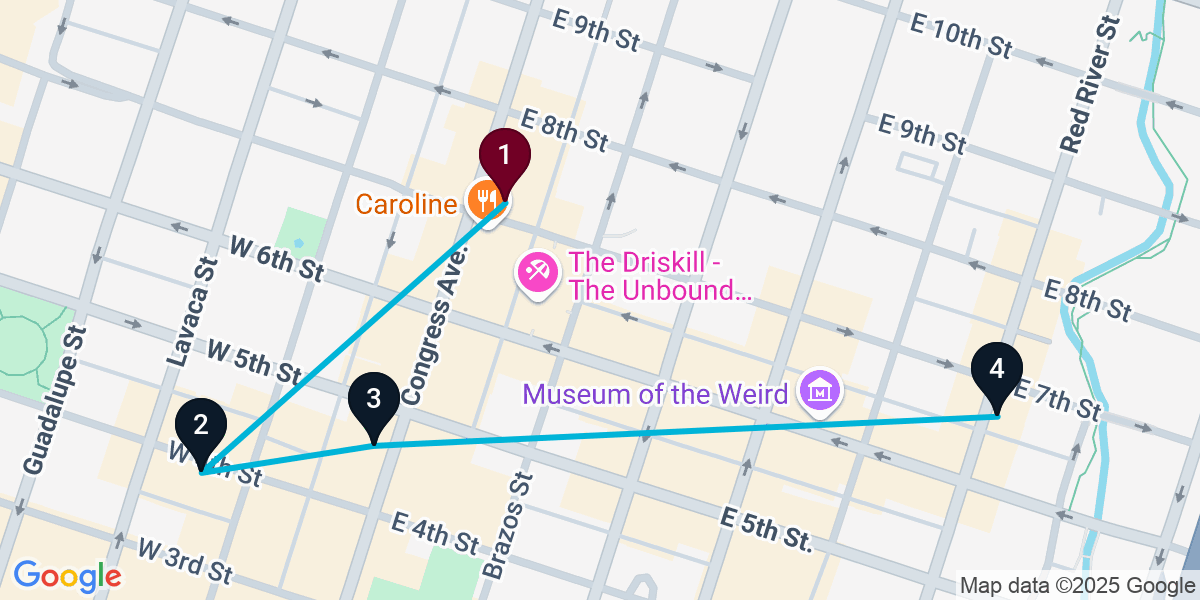 Map for 4-Stop Austin Nightclub Bar Crawl