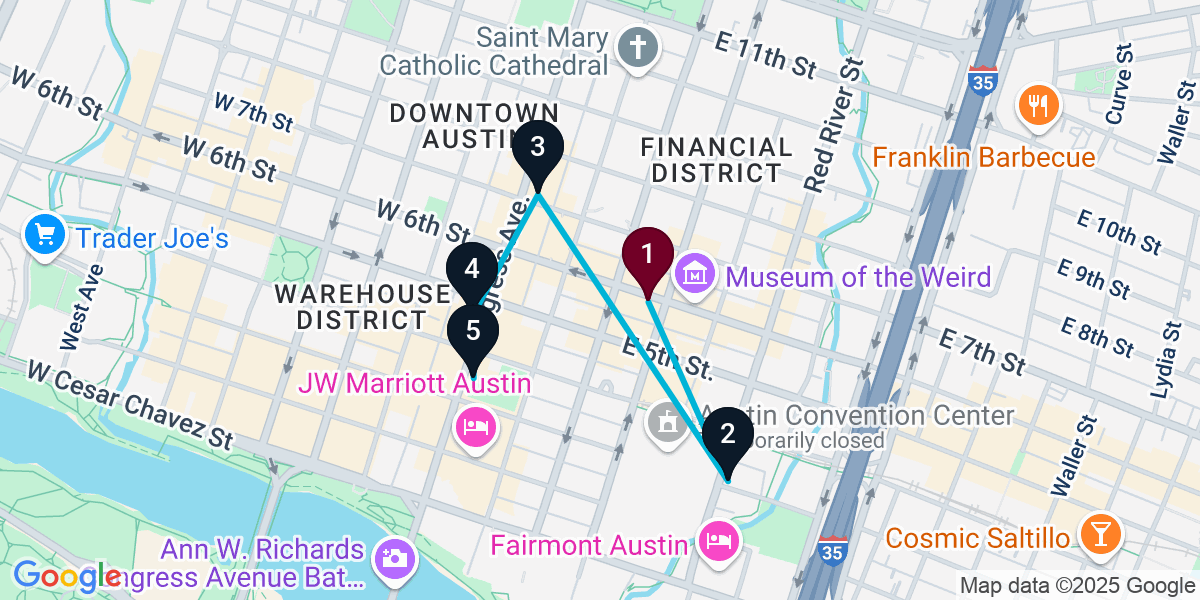 Map for 5-Stop Austin Bar Crawl