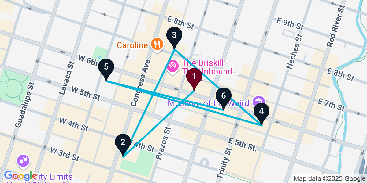 Map for 6-Stop Austin Bar Crawl