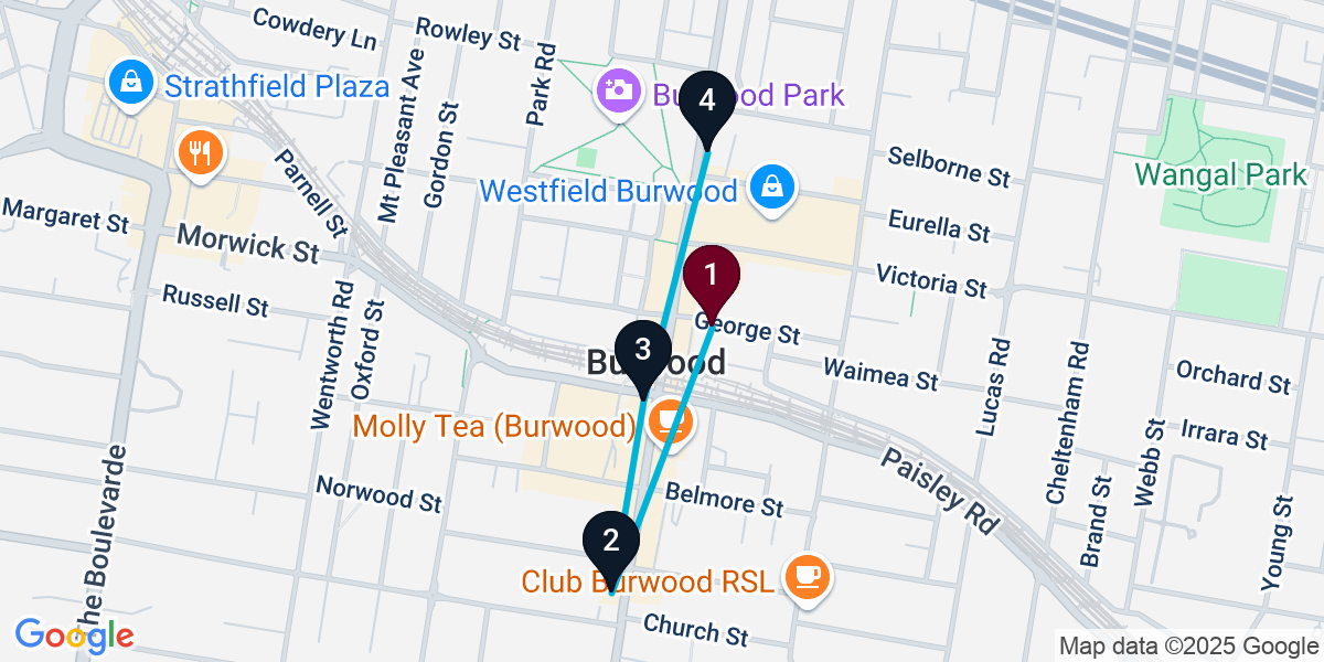 Map for Walkable Burwood Bar Crawl