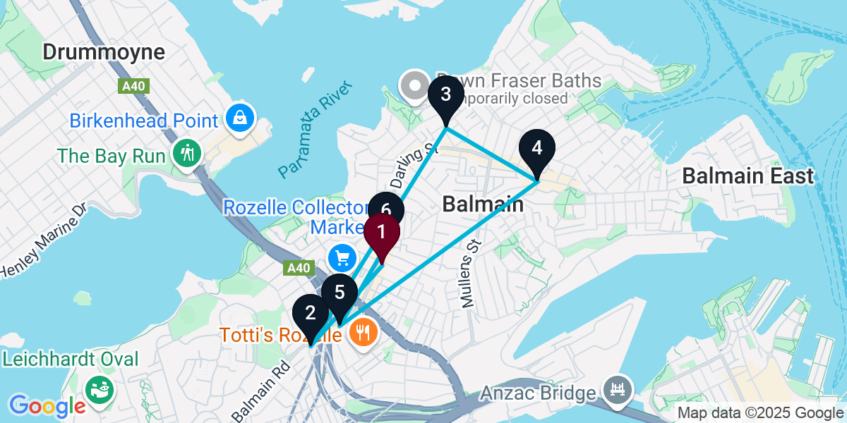 Map for 6-Stop Rozelle Bar Crawl