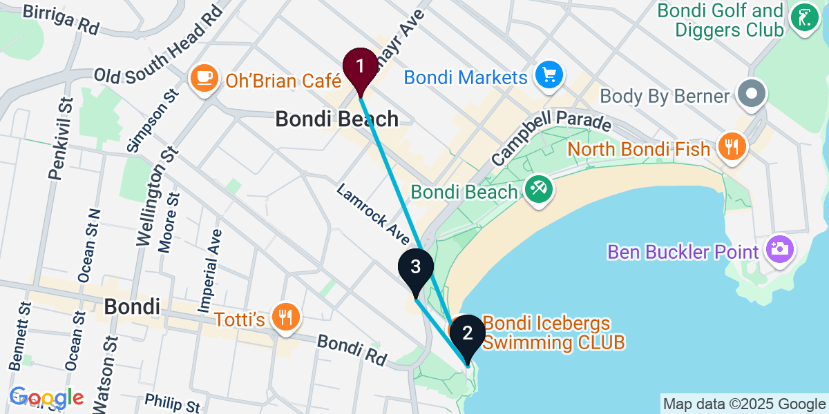 Map for 3-Stop Bondi Beach Rooftop Bar Crawl