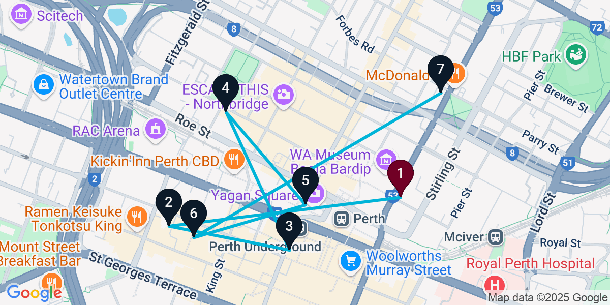 Map for 7-Stop Perth Bar Crawl