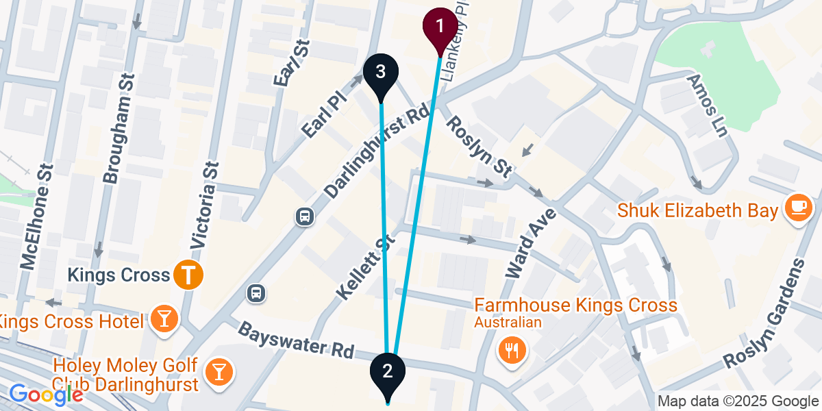 Map for 3-Stop Potts Point Rooftop Bar Crawl