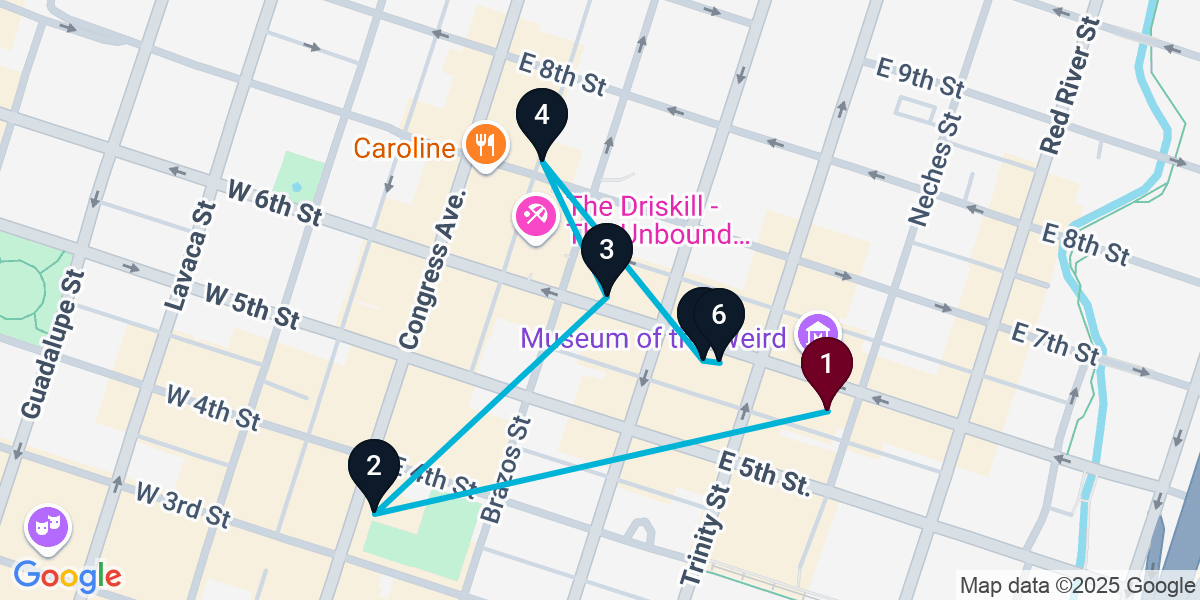Map for 6-Stop Austin Bar Crawl