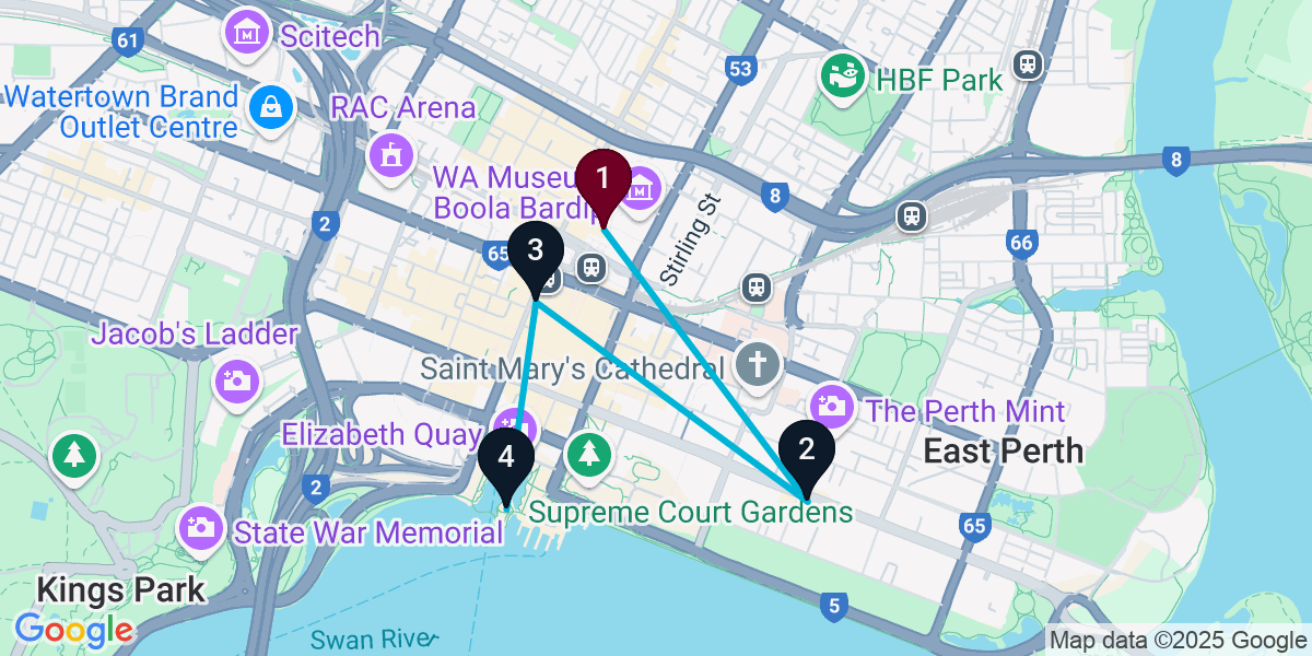 Map for 4-Stop Northbridge Wine bar Bar Crawl