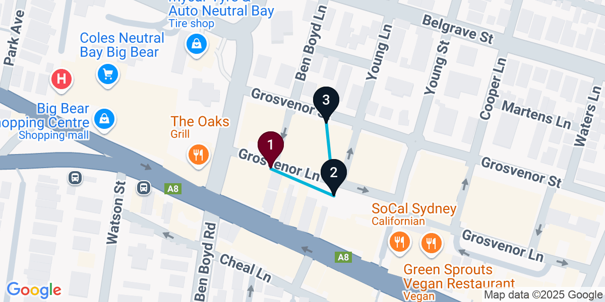 Map for 3-Stop Neutral Bay Cocktail Bar Crawl